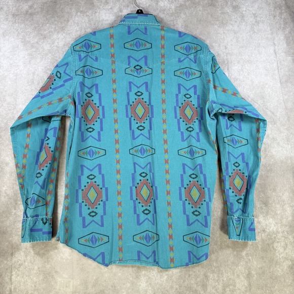 Wrangler Brushpopper Shirt 16 36 Blue Aztec Southwest Checotah Cowboy Rodeo VTG - Picture 2 of 8